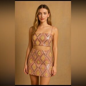 Caroline Constas Sequin Crop Top & Skirt Set Pink Geometric Party Womens size 10